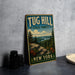 A vintage-style metal sign for Tug Hill State Forest in New York, featuring a scenic landscape with pine trees, a river, and mountains.