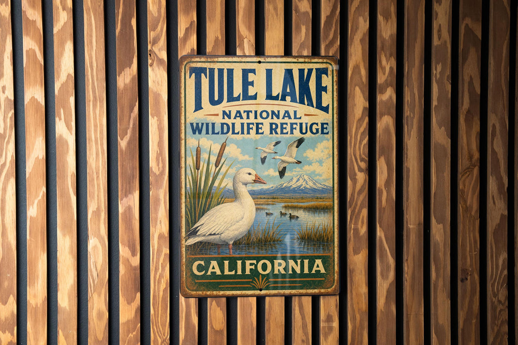 A vintage metal sign for Tule Lake National Wildlife Refuge in California, featuring a white goose and a serene landscape.
