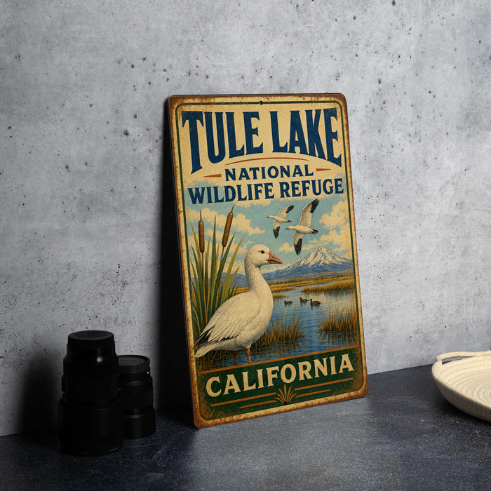 A vintage-style metal sign for Tule Lake National Wildlife Refuge in California, featuring an illustration of a duck and a mountain landscape.
