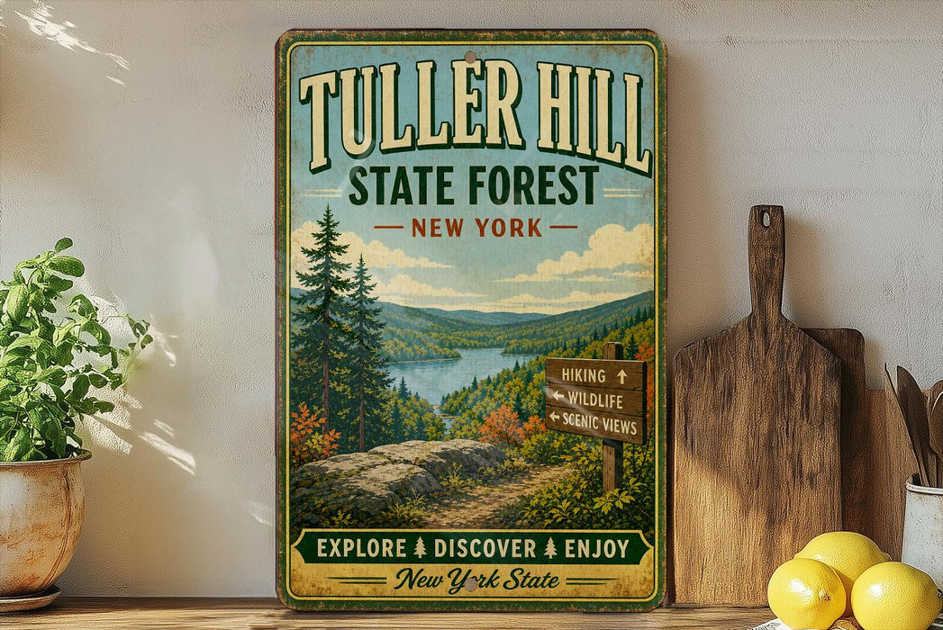 A vintage-style metal sign for Tulter Hill State Forest in New York, featuring a scenic landscape with a lake and mountains.