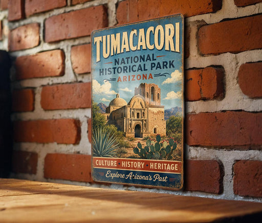 A vintage-style sign for Tumacori National Historical Park in Arizona, featuring an illustration of a historic building surrounded by desert scenery.