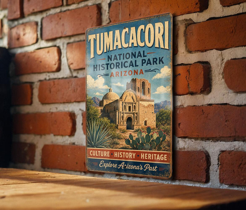 A vintage-style sign for Tumacori National Historical Park in Arizona, featuring an illustration of a historic building surrounded by desert scenery.