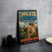 A vintage-style metal sign for Tumacori National Historical Park in Arizona, featuring an illustration of the historic Alamo and surrounding landscape.