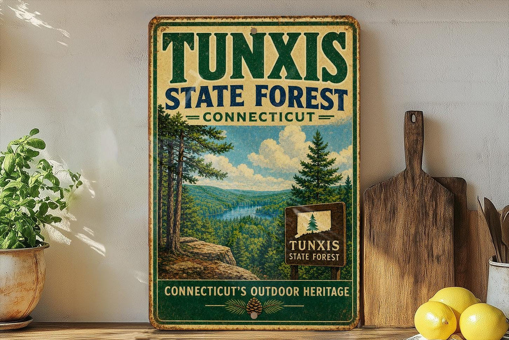 A vintage-style metal sign for the Tunxis State Forest in Connecticut, featuring a scenic landscape with pine trees and a river.