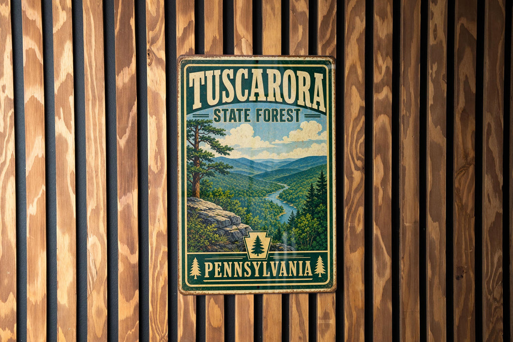 A vintage metal sign for Tuscarora State Forest in Pennsylvania, featuring a scenic landscape with a river and mountains.