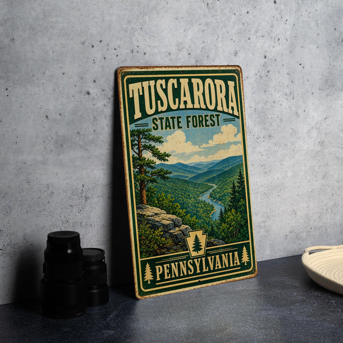 A vintage-style metal sign for Tuscarora State Forest in Pennsylvania, featuring a scenic landscape with mountains, trees, and a winding river.