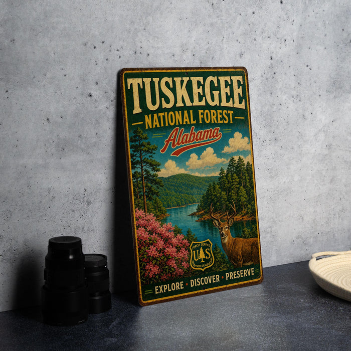 A vintage metal sign for Tuskegee National Forest in Alabama, featuring a scenic landscape with a deer and a river.