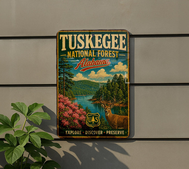 A vintage-style metal sign for Tuskegee National Forest in Alabama, featuring a scenic landscape with a deer and a river.