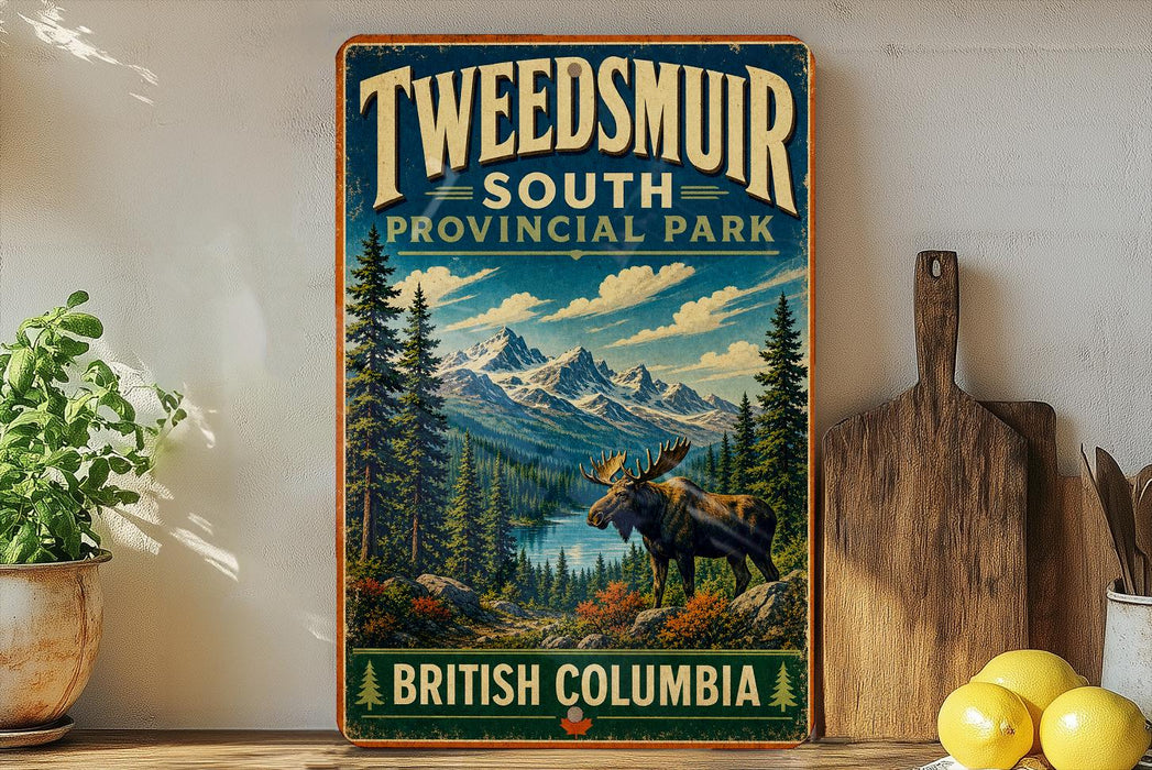 A vintage-style sign for Tweedsmur South Provincial Park in British Columbia, featuring a moose in a forest landscape with mountains in the background.