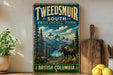 A vintage-style sign for Tweedsmur South Provincial Park in British Columbia, featuring a moose in a forest landscape with mountains in the background.