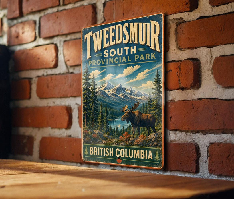A vintage-style metal sign for Tweedsmur, South, and British Columbia, featuring a moose in a forest landscape.