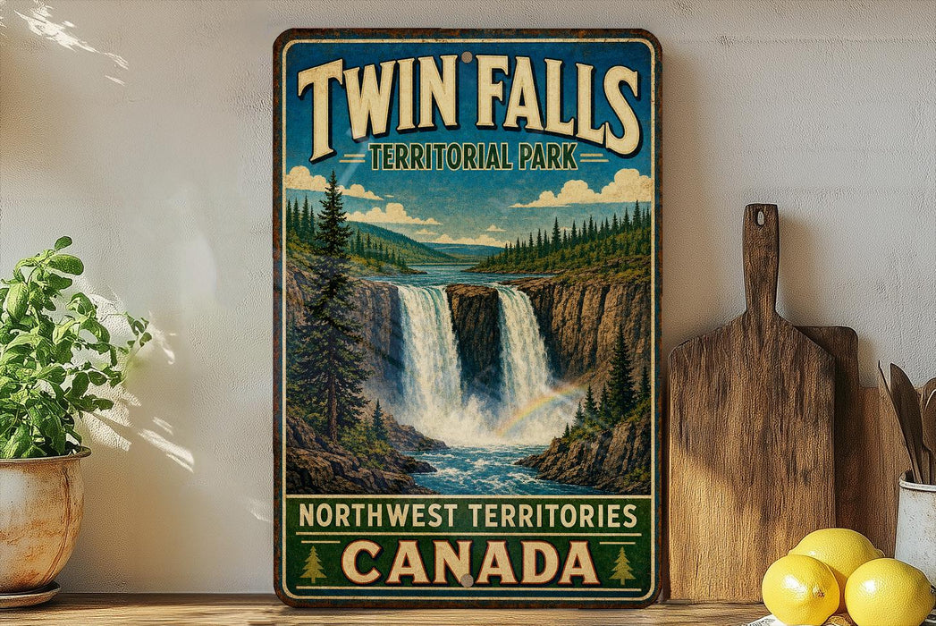 A vintage-style sign for Twin Falls, Territorial Park, Northwest Territories, Canada, featuring a waterfall and forest landscape.