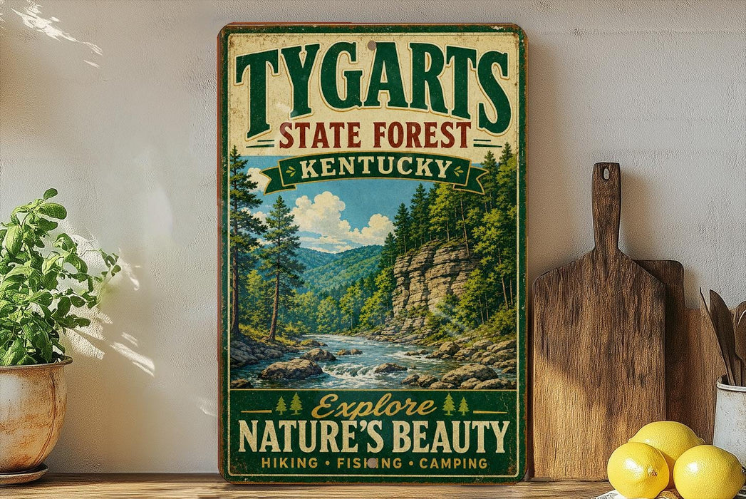 A vintage-style sign for Tygarts State Forest in Kentucky, featuring a scenic image of a forest and a river.