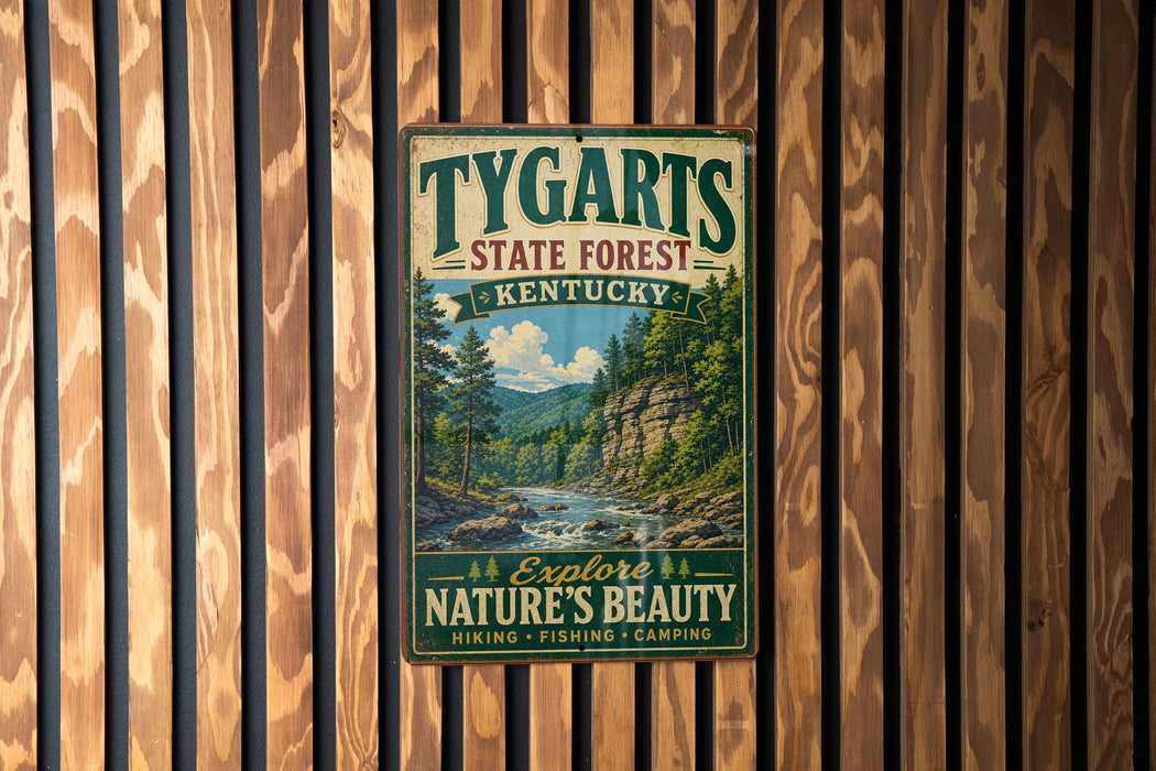 A vintage-style metal sign for Tygart State Forest in Kentucky, featuring a scenic image of a forest and a river.