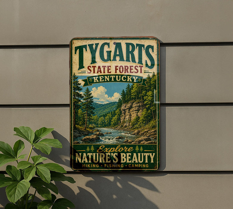 A vintage-style metal sign advertising Tygarts State Forest in Kentucky, featuring a scenic image of a forest and a river.
