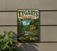 A vintage-style metal sign advertising Tygarts State Forest in Kentucky, featuring a scenic image of a forest and a river.