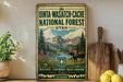 a vintage-style sign for the Uinta-Wasatch-Cache National Forest in Utah, with a moose and mountains in the background.