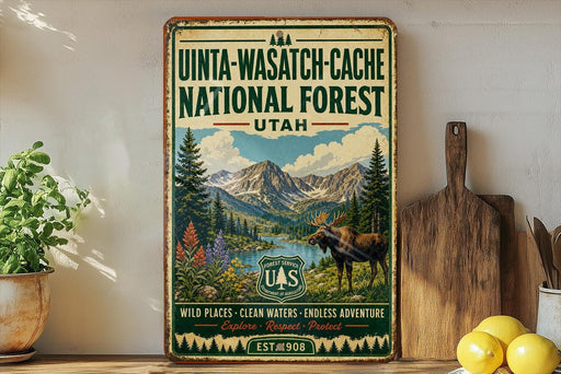 a vintage-style sign for the Uinta-Wasatch-Cache National Forest in Utah, with a moose and mountains in the background.