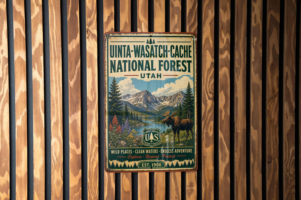 A vintage metal sign for the Uinta-Wasatch-Cache National Forest in Utah, featuring a mountain landscape and a moose.
