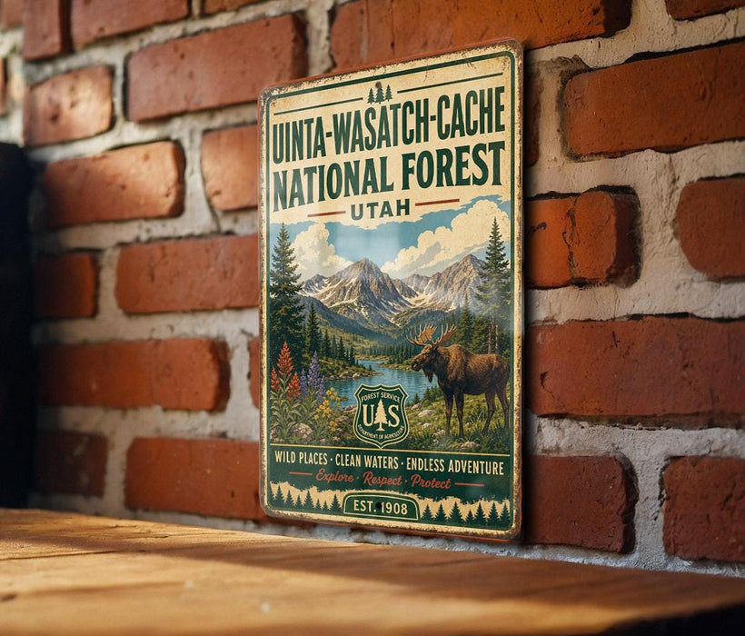 A vintage-style metal sign for the Uinta-Wasatch-Cache National Forest in Utah, featuring a moose and mountains in the background.