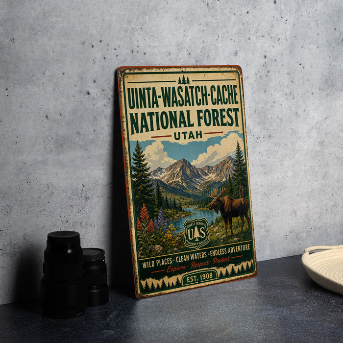 A vintage-style metal sign for the Uinta-Wasatch-Cache National Forest in Utah, featuring a scenic illustration of a moose and mountains.