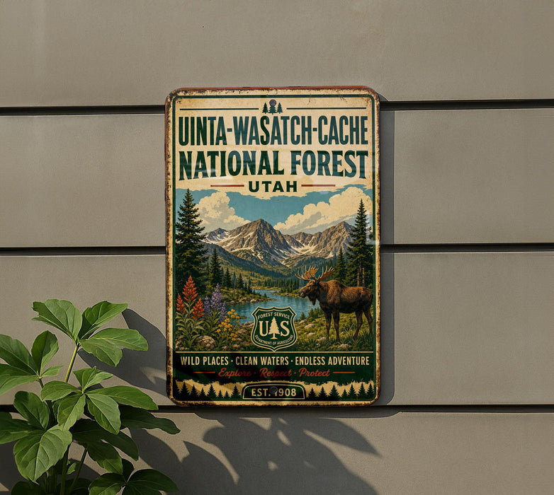 A vintage metal sign for the Uinta-Wasatch-Cache National Forest in Utah, featuring a moose and a mountain landscape.