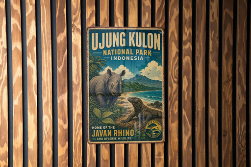 A vintage-style metal sign for the Ujung Kulon National Park in Indonesia, featuring an illustration of a rhino and a lizard in a lush, tropical setting.