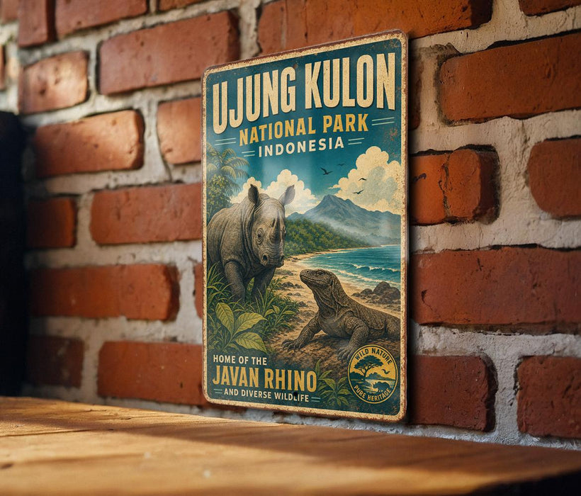 A vintage-style metal sign for the Javan Rhino National Park in Indonesia, featuring an illustration of a rhino and a lizard against a natural landscape.
