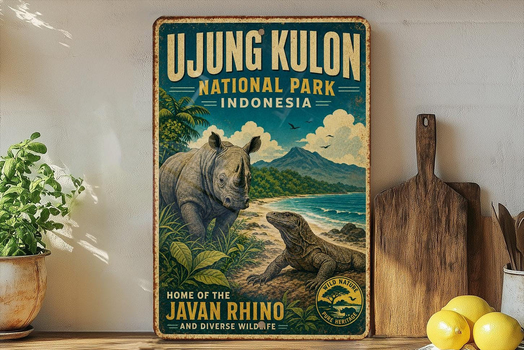 A vintage-style poster advertising the Javan Rhino National Park in Indonesia, featuring a rhinoceros and a lizard in a lush, tropical setting.