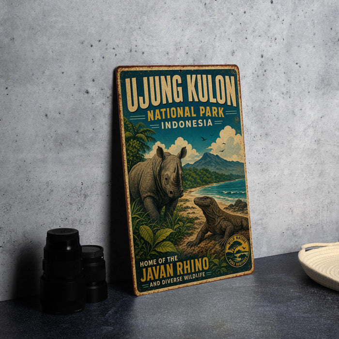 A vintage-style metal sign for the Ujung Kulon National Park in Indonesia, featuring illustrations of a rhinoceros and a lizard, with text describing the park as a "Home of the Javan Rhino and diverse wildlife".