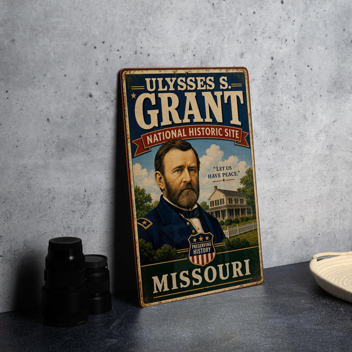 A vintage-style metal sign featuring a portrait of Ulysses S. Grant, the 18th President of the United States, along with the text "NATIONAL HISTORIC SITE" and "MISSOURI".