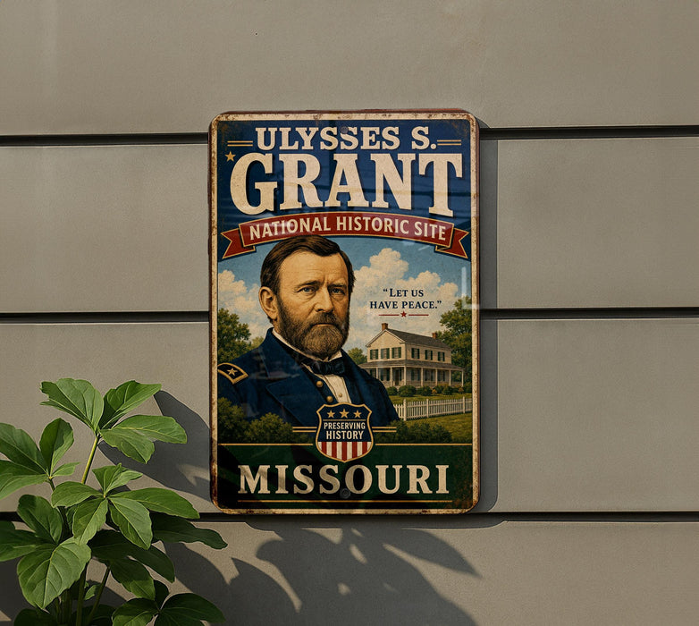 a vintage metal sign with a portrait of Ulysses S. Grant, the 18th President of the United States, and the text "Let us have peace."