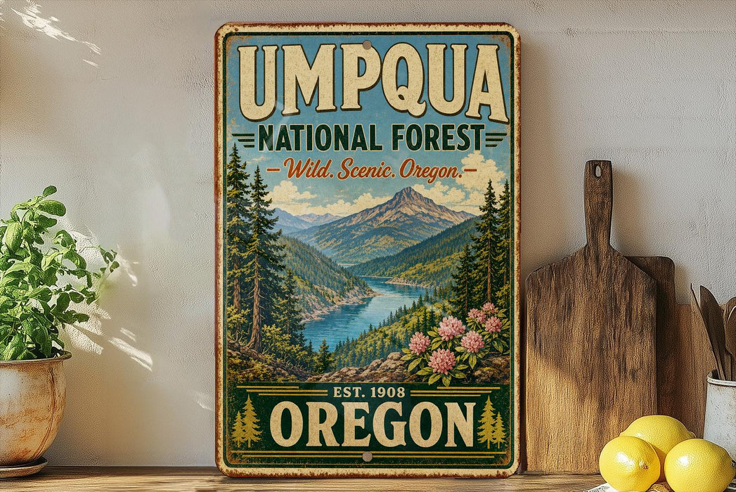 a vintage-style sign for the Umpqua National Forest in Oregon, with a scenic mountain landscape and a river in the background.
