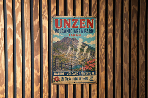 a vintage-style sign for Unzen Volcanic Area Park in Japan, with a mountain landscape and steam vents visible.