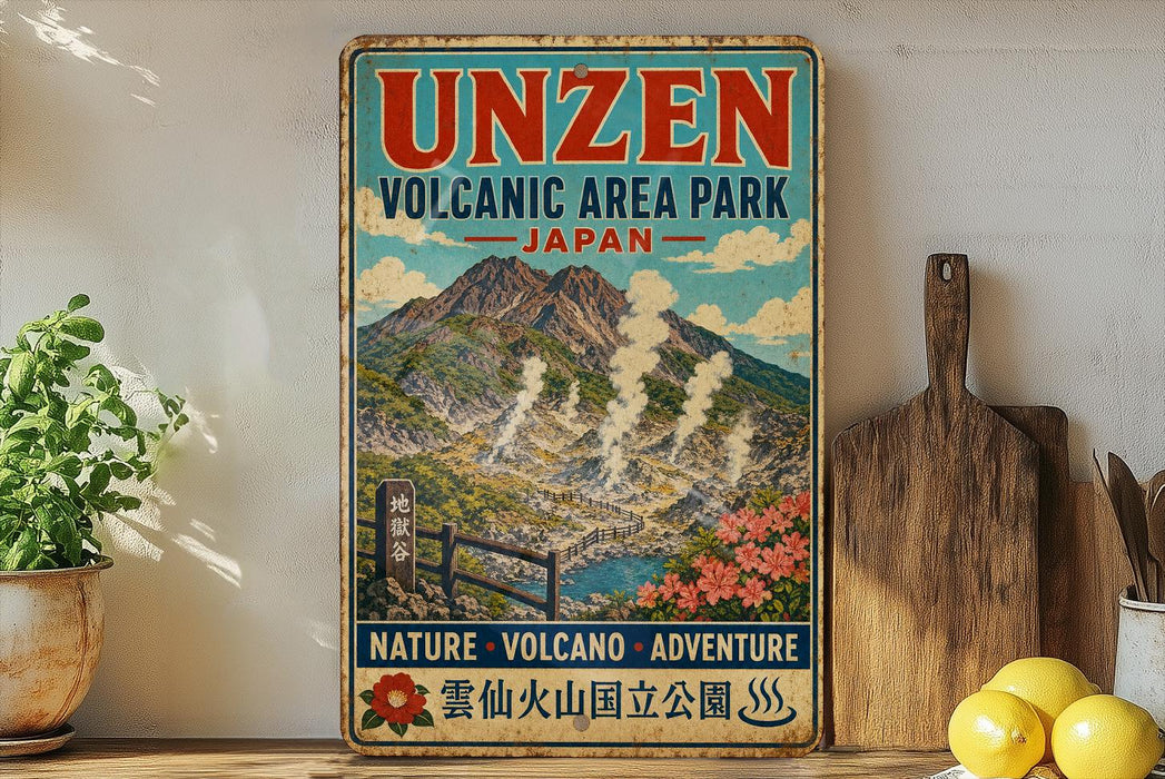 a vintage-style poster of Unzen, Japan, depicting a scenic landscape with a mountain and steam vents.