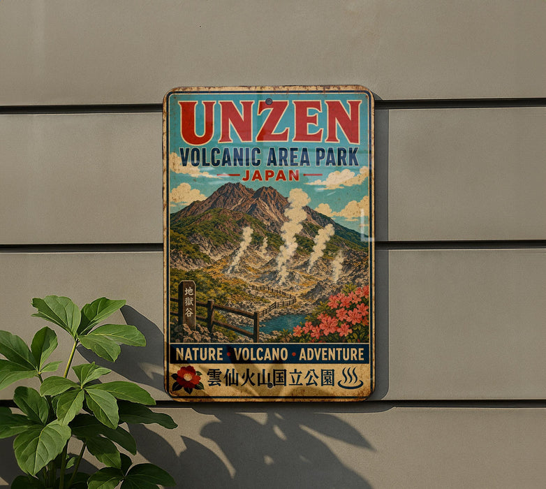 a vintage-style sign for Unzen Volcanic Area Park in Japan, with a mountain landscape and steam vents visible.