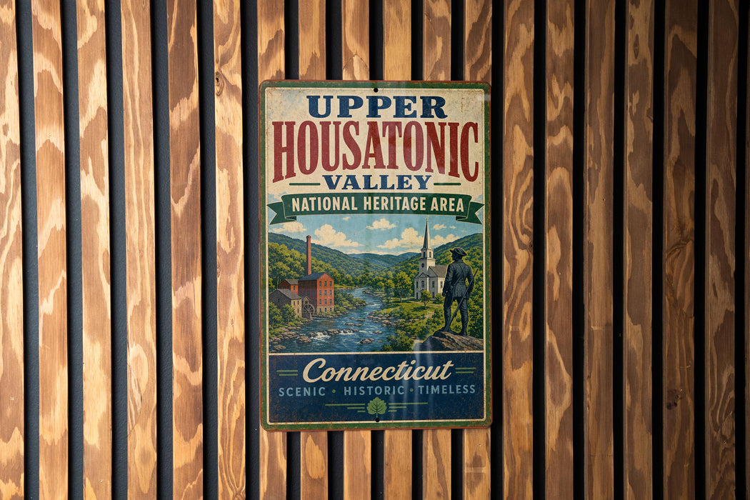 A vintage metal sign for Upper Housatonic Valley, New Hampshire's National Heritage Area, hanging on a wooden wall.