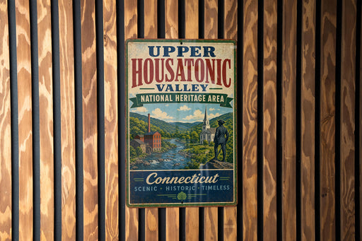 A vintage metal sign for Upper Housatonic Valley, New Hampshire's National Heritage Area, hanging on a wooden wall.