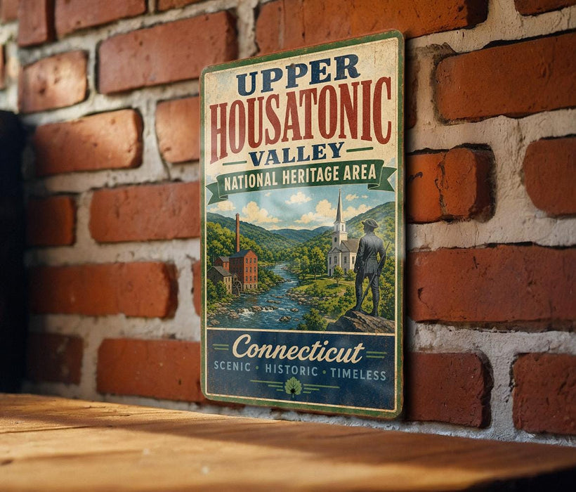A vintage-style sign for Upper Housatonic Valley, a National Heritage Area in Connecticut, featuring a scenic image of a river and a historical building.