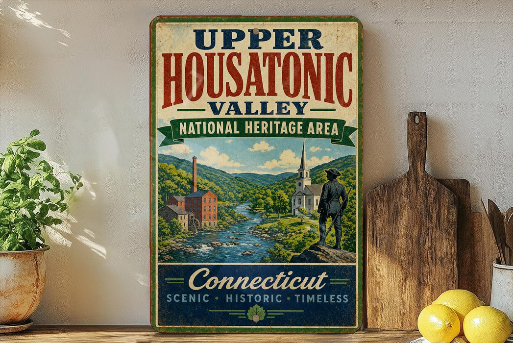 A vintage-style sign for the Upper Housatonic Valley National Heritage Area in Connecticut, featuring a scenic illustration of a river, buildings, and a person standing on a cliff overlooking the water.