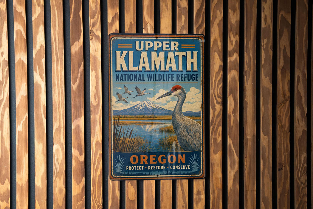 A vintage metal sign for Upper Klamath National Wildlife Refuge in Oregon, featuring a bird and a mountain landscape.