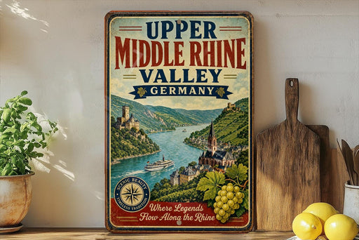 A vintage-style sign for Upper Middle Rhine Valley, Germany, featuring a scenic illustration of the valley with a river, castle, and grapes.