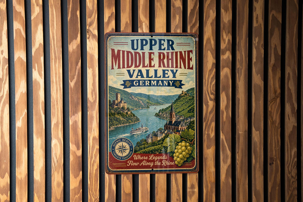 A vintage-style metal sign with the text "Upper Middle Rhine Valley Germany" displayed on a wooden wall.