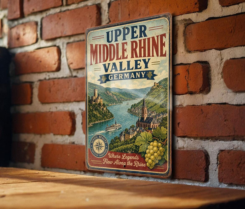 A vintage-style metal sign with the text "Upper Middle Rhine Valley Germany" displayed on a brick wall.