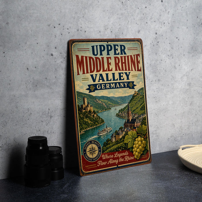 A vintage-style metal sign for Upper Middle Rhine Valley, Germany, featuring a scenic illustration of the valley with a castle, vineyards, and a river.