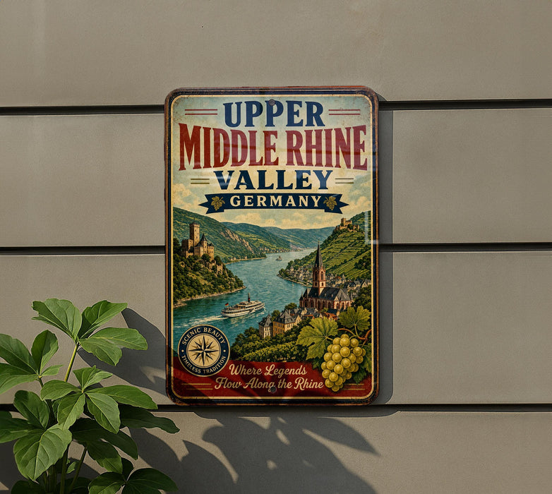 A vintage-style metal sign with the text "Upper Middle Rhine Valley Germany" and a scenic illustration of a river, hills, and buildings.