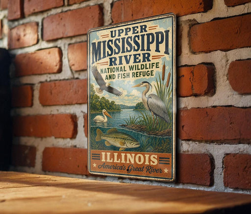 A vintage-style metal sign with illustrations of birds and wildlife, mounted on a brick wall.