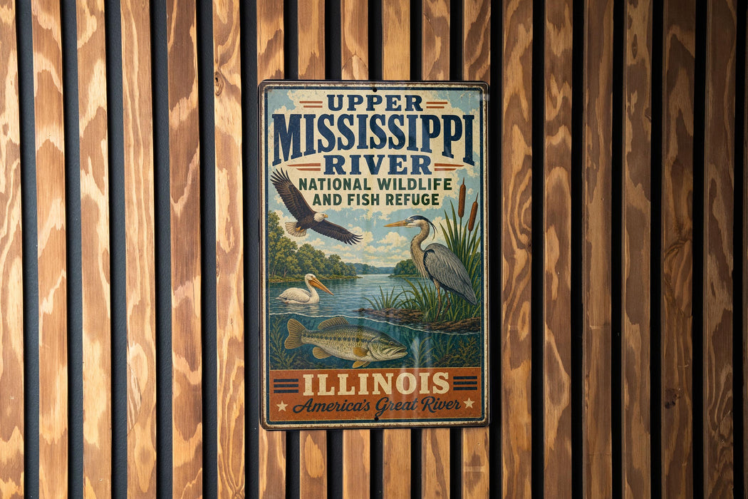 A vintage-style metal sign for Upper Mississippi River National Wildlife and Fish Refuge in Illinois, featuring illustrations of birds, fish, and a serene landscape.