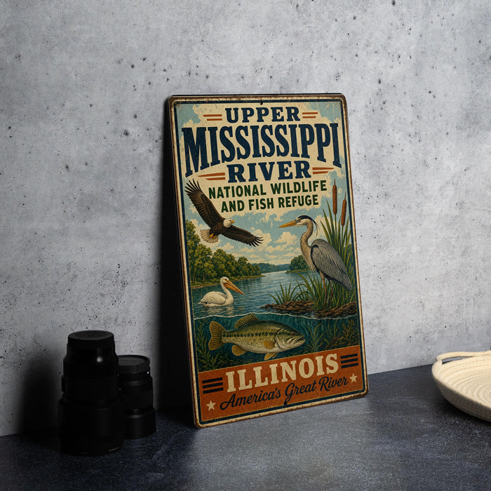 A vintage-style sign for the Upper Mississippi River National Wildlife and Fish Refuge in Illinois, featuring illustrations of wildlife and nature.
