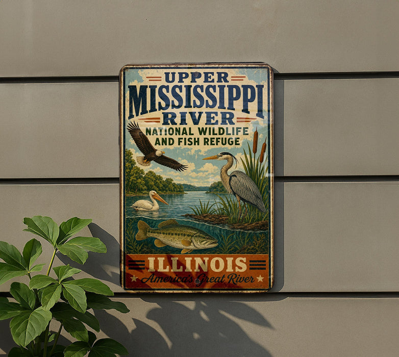 A vintage metal sign for Upper Mississippi River National Wildlife and Fish Refuge in Illinois, featuring illustrations of various wildlife species such as a bald eagle, a heron, and a fish.